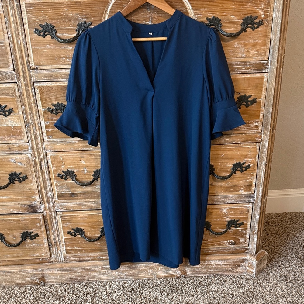 Elegant V Neck Short Sleeve Navy Blue Dress